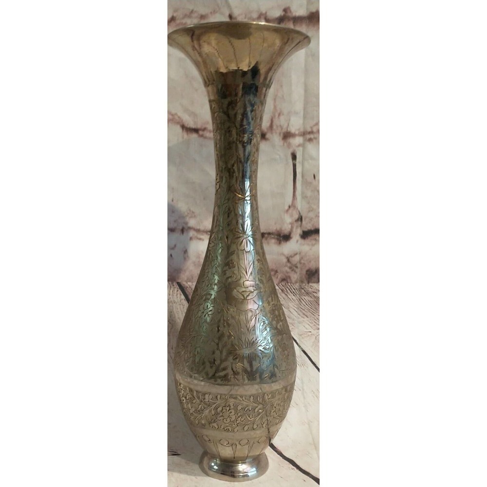 Etched flower Bud Vase Silver Color By W.G.C. India 11 inches